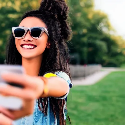 Prompt: a cute drawing of a girl with sunglasses smiling taking a selfie in a park with an iPhone and with heart emoticons around her phone