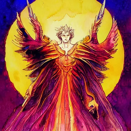 Prompt: a watercolor ink painting of a archangel with a broken halo wielding a jagged fiery blade in the style of jean giraud in the style of moebius trending on artstation deviantart pinterest detailed realistic hd 8 k high resolution