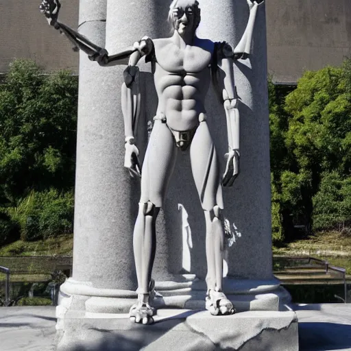 Prompt: marble statue of genetically enhanced human with robot limbs, mercury hair and extra long arms