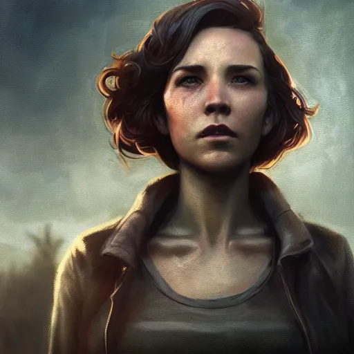 Image similar to fallout 5, charismatic brunette female protagonist, portrait, atmospheric lighting, painted, intricate, volumetric lighting, beautiful, daytime, sunny weather, slight overcast, sharp focus, deep colours, ultra detailed, by leesha hannigan, ross tran, thierry doizon, kai carpenter, ignacio fernandez rios