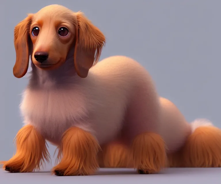 Image similar to high quality 3 d render hyperrealist very cute multipastel very fluffy dachshund, vray, smooth in the background, artstation, ultra detailed, octane render