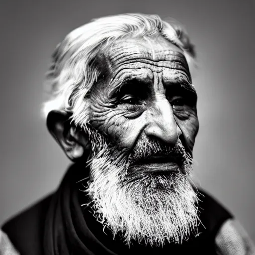 Prompt: black and white photo, portrait of 100 year old afghan man by richard avedon, realistic, Leica, medium format, cinematic lighting, parallax, high resolution,