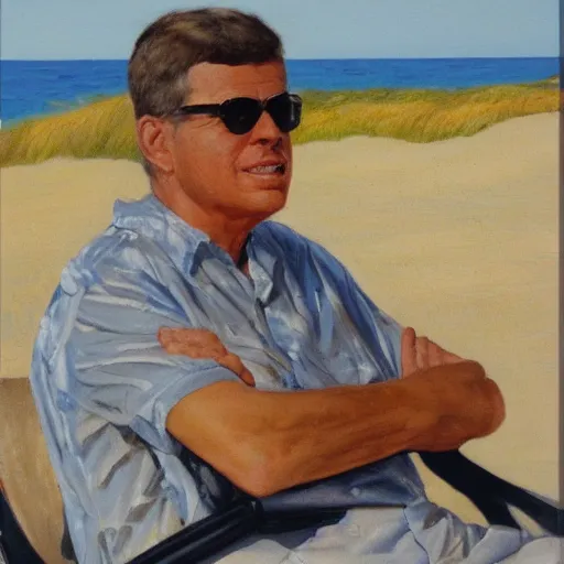 Prompt: portrait of john f kennedy, wrinkled, grey hair, handsome, hawaiian shirt, sitting in chair, landscape of nantucket beach, dunes, ocean, bluff, oil on canvas by william sidney mount - 1 9 8 2, trending on artstation