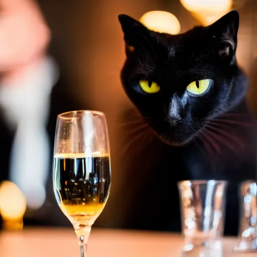 Image similar to a photo of a black cat drinking expensive champagne in a fancy dark bar, mood lighting, f 1. 8, iso 1 6 0 0