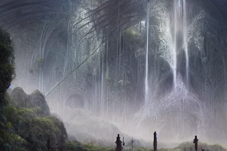 Image similar to Rivendell Himeji hallucination, mazing concept painting, by Jessica Rossier A gleaming white opera hall fortress overlooks a fertile valley, brutalist deak ferrand Jean-pierre Ugarte bases, garden of eden, by HR giger by Beksinski,