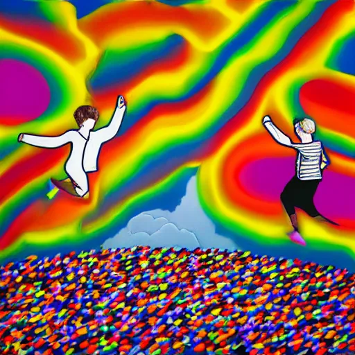 Prompt: hyperpop art of a bucolic landscape with two hikers shattering into millions of brightly coloured Smarties towards the heavens