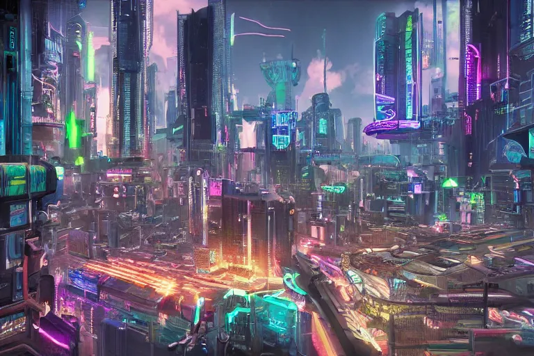 Prompt: optimistic bright utopian futuristic cyberpunk city, daytime, extremely realistic, extremely detailed