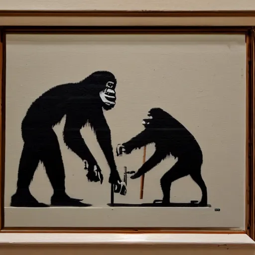 Image similar to ape in a carpenter workshop made by banksy