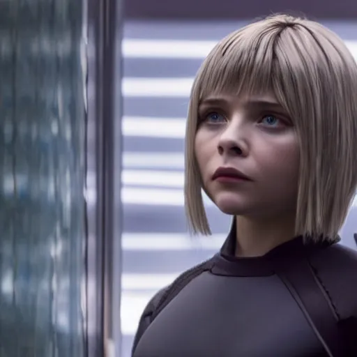 Prompt: sophisticated photograph of Chloe Grace Moretz starring in ghost in the shell, fully visible body, symmetrical image, Zeiss Lens, canon Eos, film still