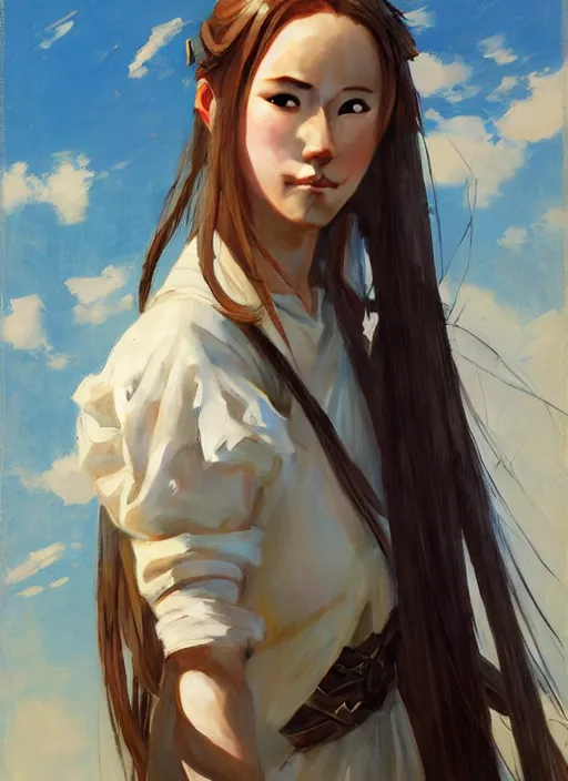 Prompt: portrait of Asuna Yuuki, countryside, fantasy character portrait, dynamic pose, above view, view from above, sunny day, thunder clouds in the sky, artwork by Jeremy Lipkin and Giuseppe Dangelico Pino and Michael Garmash and Rob Rey, very coherent symmetrical artwork, perfect face, simple form, 100mm