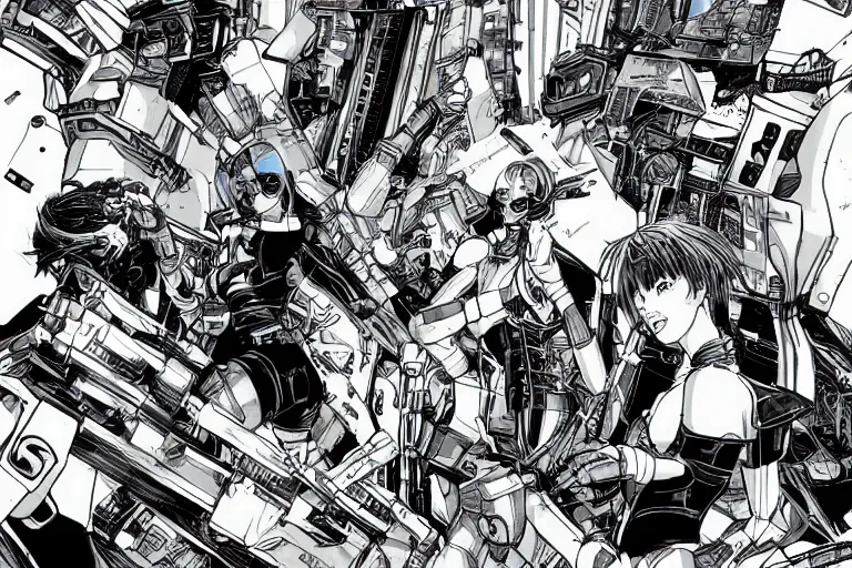 Prompt: a cyberpunk illustration of a group of female androids in style of masamune shirow, repairing each other after a huge battle. Many of the androids will not survive, hyper-detailed, intricate, view from above