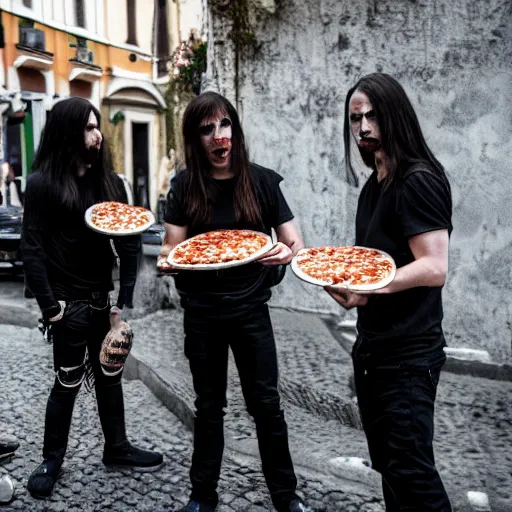 Prompt: a black metal band with makeup standing eating pizza in rome