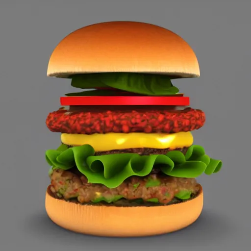 Prompt: blender render of cheeseburger with 3 0 patties