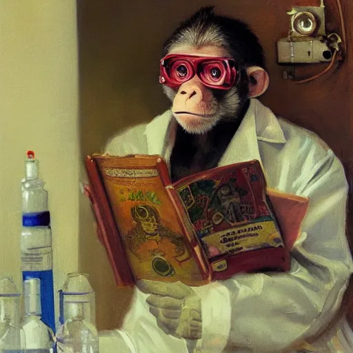 Prompt: portrait of a monkey doctor at a chemical lab, artwork by gaston bussiere, craig mullins, trending on artstation, monkey dressed as a scientist, using googles and wearing a doctor coat