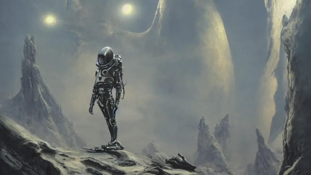 Image similar to futuristic organic spacesuit design by john schoenherr and jim burns, epic cinematic matte painting