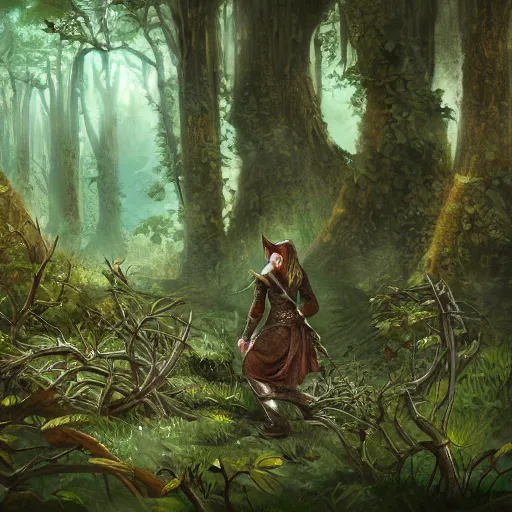 Prompt: elven ranger overgrown ruins forest, painted martin bergstrom