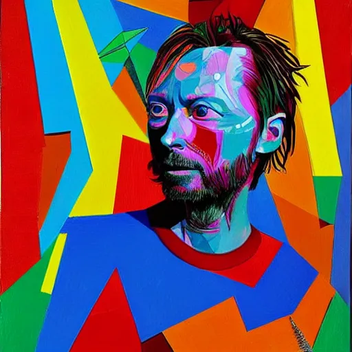Prompt: cheerful, bright, colorful, sunny, and very detailed portrait of thom yorke, painted by max ernst