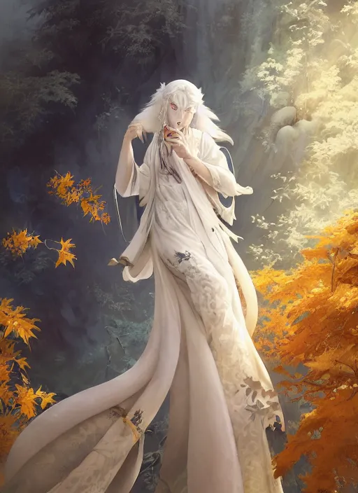 Prompt: white kitsune in autumn color kimono with art nouveau swirls, subsurface scattering, by jesper ejsing, justin gerard, tomasz alen kopera, cgsociety and fenghua zhong, highly detailed, rim light, cinematic lighting, illustration, art, octane render, very coherent, cinematic, hyper realism, high detail, octane render, 8 k