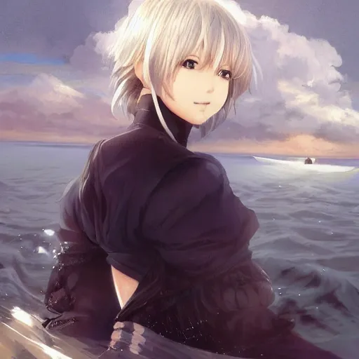 Prompt: portrait of 2 b as a boatman, anime fantasy illustration by tomoyuki yamasaki, kyoto studio, madhouse, ufotable, trending on artstation