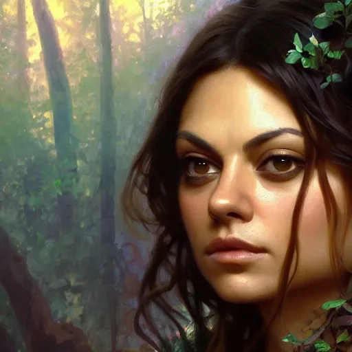 Image similar to a beautiful closeup portrait of mila kunis, magical forest background, serene colors, dramatic light, gorgeous view, depth, high detail, digital art, painted by alphonse mucha and greg rutkowski, trending on artstation