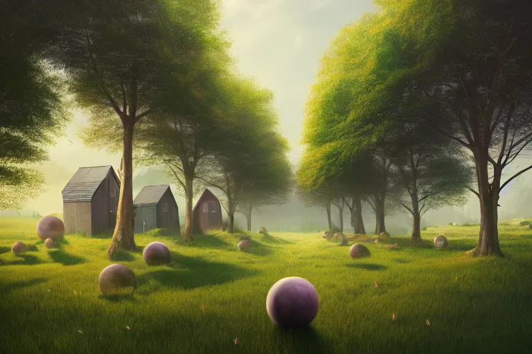 Image similar to peaceful day in farmer village with spherical psychodelic anomaly, trees, houses, fields, elegant, highly detailed, smooth, photoreal, sharp focus, illustration, beautiful, geometric, dmt trending on artstation, cinematic, artwork by WLOP