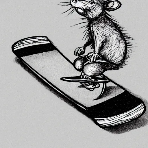 Image similar to sketch drawing of a rat in tokyo riding a skateboard