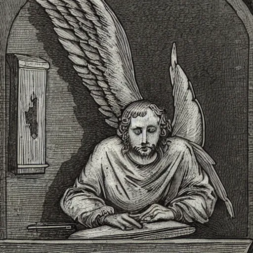 Prompt: a medieval woodcut of an angel using an iphone and laptop in the style of gustave dore