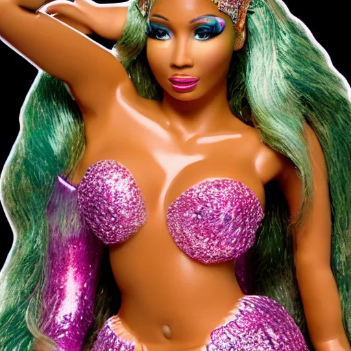 Image similar to photo of nicki minaj as a mermaid superstar, very detailed, full body shot, 50mm dslr, f/5.6