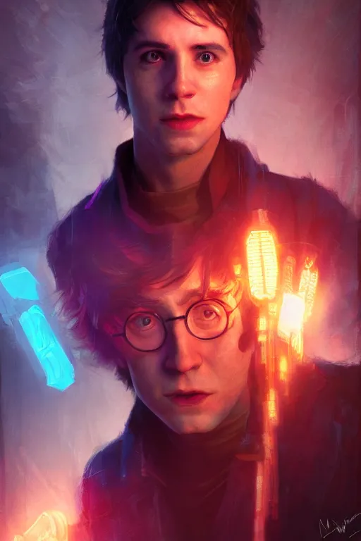 Image similar to portrait of Ron Wisly from harry potter in cyberpunk, neon lighting, night city, digital art from artstation by Ruan Jia and Mandy Jurgens and Artgerm and william-adolphe bouguereau and Greg Rutkowski and Wayne Barlowe