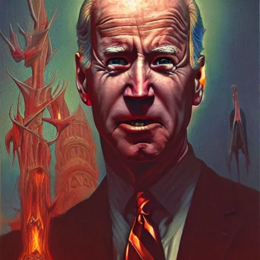 Image similar to epic Joe Biden in pandemonium, demons and souls, portrait, art by Wayne Barlowe, oil on canvas