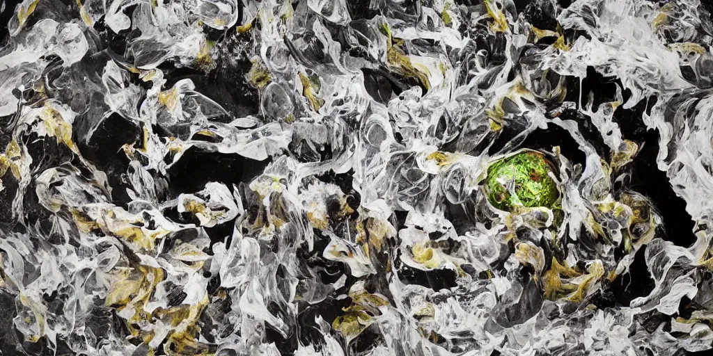 Image similar to abstract composition representing a panther created by a mixture of pistachio ice cream, black marble, dandelions and coca cola being thrown around by centrifugal forces, brilliant museum sculpture, award winning photo, 4k