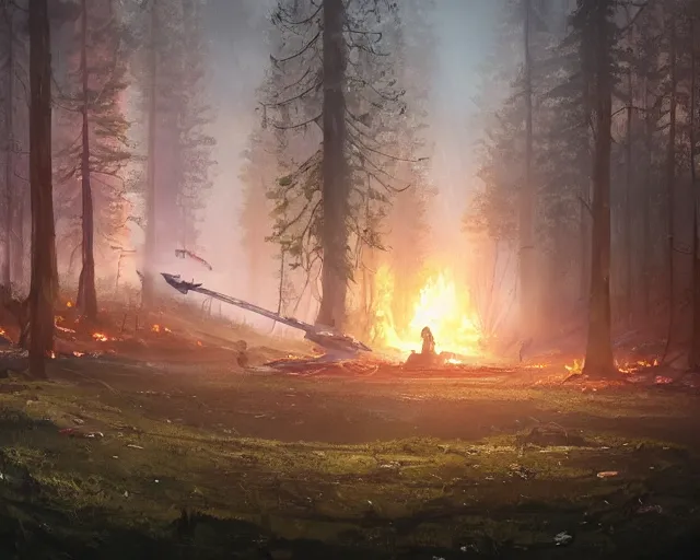 Image similar to a crash-landing sight of a tall spaceship in a forest on the ground, smoke in the air, atmospheric lighting, debris on ground, smoke and flame on ship. By Makoto Shinkai, Stanley Artgerm Lau, WLOP, Rossdraws, James Jean, Andrei Riabovitchev, Marc Simonetti, krenz cushart, Sakimichan, trending on ArtStation, digital art.