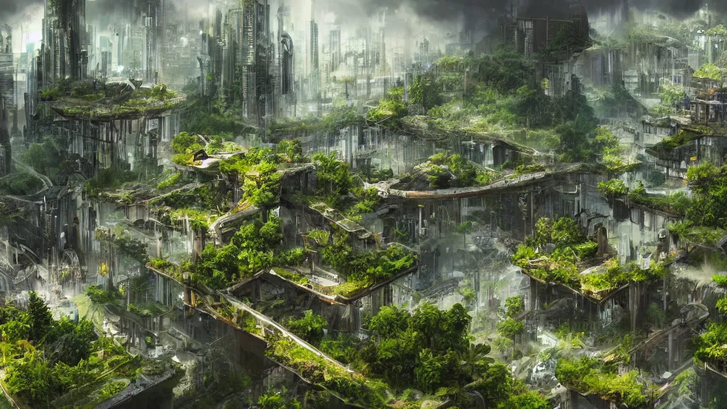Prompt: an environmental concept art of a lush city in the year 2 0 5 0, highly detailed, realistic