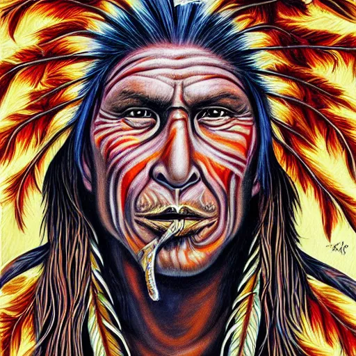 Prompt: a painting of native american smoking a cigarette by flooko, alex grey, vibrant, detailed