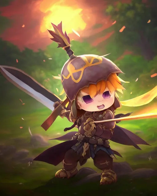 Image similar to oil painting of a cute chibi MapleStory warrior,, attacking, casting a spell with a spear, wearing a MapleStory warrior outfit, sharp focus, fantasy style, octane render, volumetric lighting, 8k high definition, by greg rutkowski, highly detailed, trending on artstation, magic the gathering artwork, Perion background from MapleStory, centered