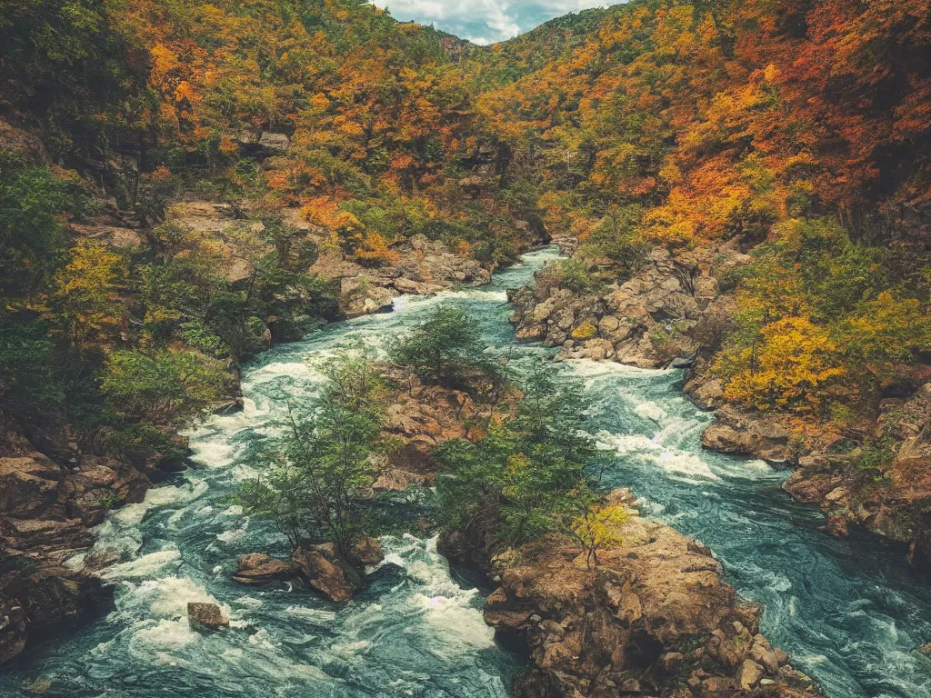 Image similar to “a river running through a canyon surrounded by mountains, a tilt shift photo by Frederic Church, trending on unsplash, hudson river school, photo taken with provia, national geographic photo, tilt shift”