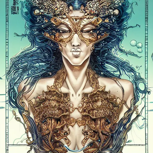 Image similar to portrait of crazy mermaid, symmetrical, by yoichi hatakenaka, masamune shirow, josan gonzales and dan mumford, ayami kojima, takato yamamoto, barclay shaw, karol bak, yukito kishiro