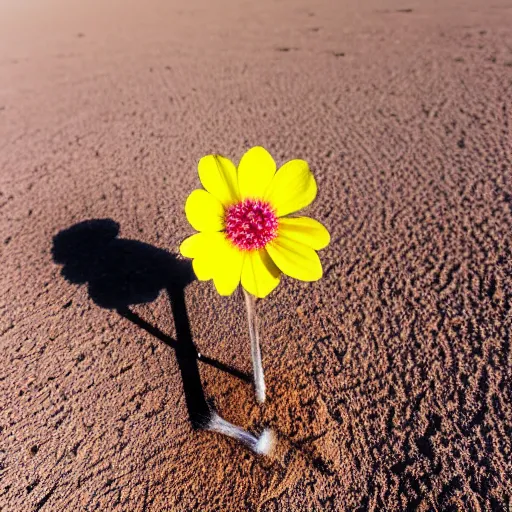 Image similar to a single small pretty desert flower blooms in the middle of a bleak arid empty desert next to a topaz crystal partly revealed, background sand dunes, clear sky, low angle, dramatic, cinematic, tranquil, alive, life.