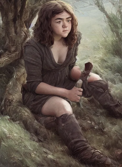 Image similar to tired Maisie Williams taking a rest under a tree after an long adventure a ruggedly muscled handsome heroine, intricate, elegant, highly detailed, centered, digital painting, artstation, concept art, smooth, sharp focus, illustration, artgerm, donato giancola, Joseph Christian Leyendecker, WLOP, Artgerm, thunder storm