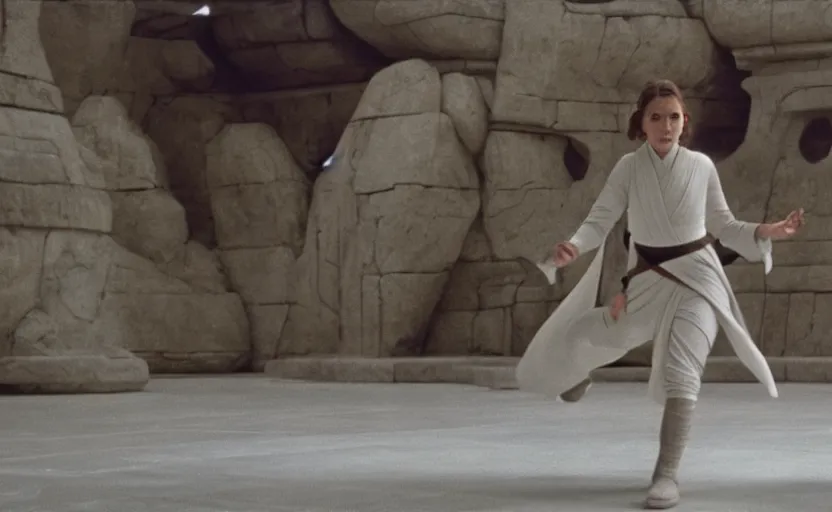 Prompt: screenshot portrait Leia learning the force at Jedi Temple scene from the last jedi, 1970s film by Stanley Kubrick, serene, iconic scene, stunning cinematography, hyper detailed, sharp, anamorphic lenses, kodak color film, 4k