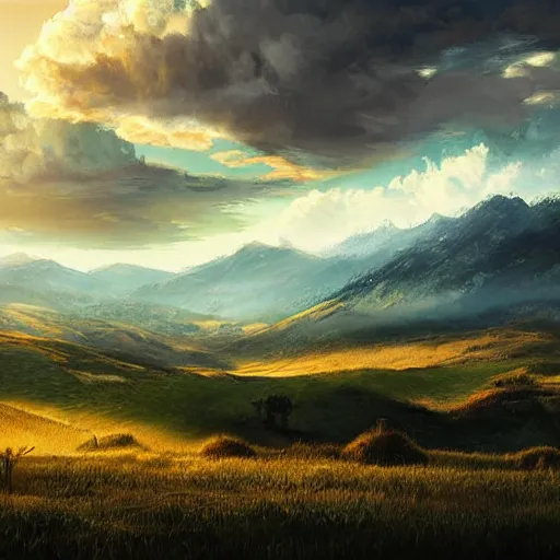 Prompt: a cinematic landscape view looking at an open field, mountains in the distance, the sun shines through the parted clouds, digital painting, fantasy, art by alexandre mahboubi