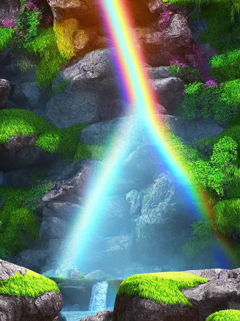 Image similar to digital illustration of waterfall cascading onto rocks, small rainbow emerging in background, ethereal, beautiful scenery, intricately meticulously detailed, amazing, glitter, 8 k render octane high definition