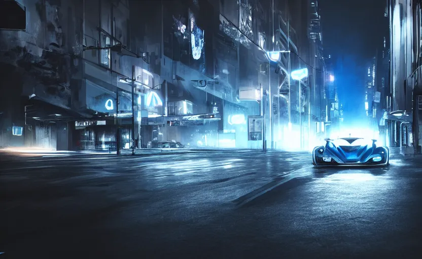 Image similar to a sport vehicle in the streets at night whit blue headlights on by Khyzyl Saleem, night time, stormy wheater, atmospheric, artstaion, concept art, illustration, sharp focus, high detail, octane render, cyberpunk, game