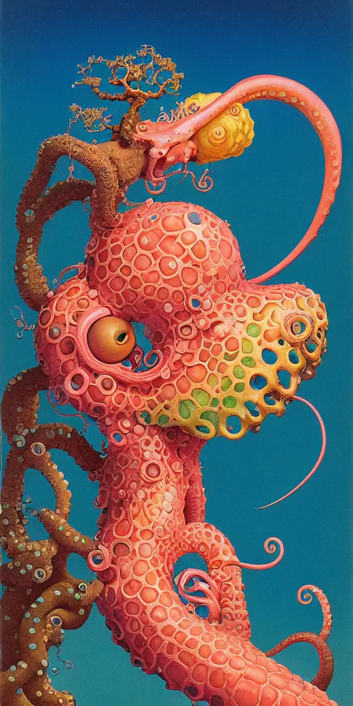 Prompt: portrait of the kawaii ammonite skeksis supermodel girl clad in branching coral armor bites into a juicy squid, by mark ryden, kawase hasui, dorothea tanning, moebius, edward hopper and james gilleard, aivazovsky, zdzislaw beksinski, steven outram, colorful iridescent and playful