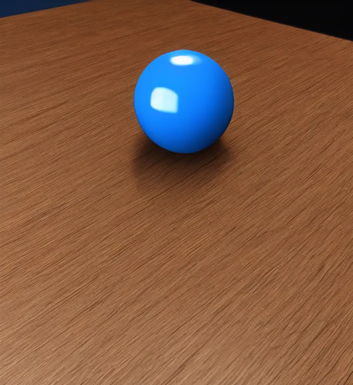 Prompt: a blue ball on a table + specular highlights, ambient occlusion, global illumination, bump map, reflective, caustics, refractive, unreal engine 5