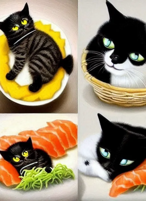 Image similar to clear photorealistic picture of adorable cats made out of sushi