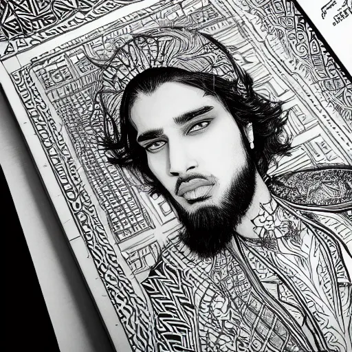 Image similar to portrait of a pakistani male model, an ultrafine detailed illustration by james jean, intricate linework, bright colors, final fantasy, behance contest winner, vanitas, angular, altermodern, unreal engine 5 highly rendered, global illumination, radiant light, detailed and intricate environment