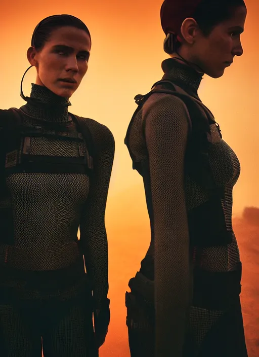 Image similar to cinestill 5 0 d photographic portrait by steve mccurry of two loving female androids wearing rugged black mesh techwear in a brutalist compound with a red sky, extreme closeup, cyberpunk style, dust storm, 8 k, hd, high resolution, 3 5 mm, f / 3 2, ultra realistic faces, ex machina