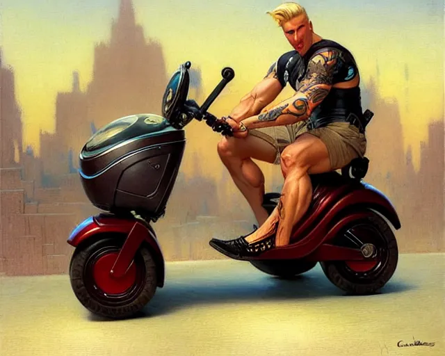 Image similar to handsome tattooed blonde gym bro rides an e - scooter, cool colors, hard angles, painting by gaston bussiere, craig mullins, j. c. leyendecker, tom of finland