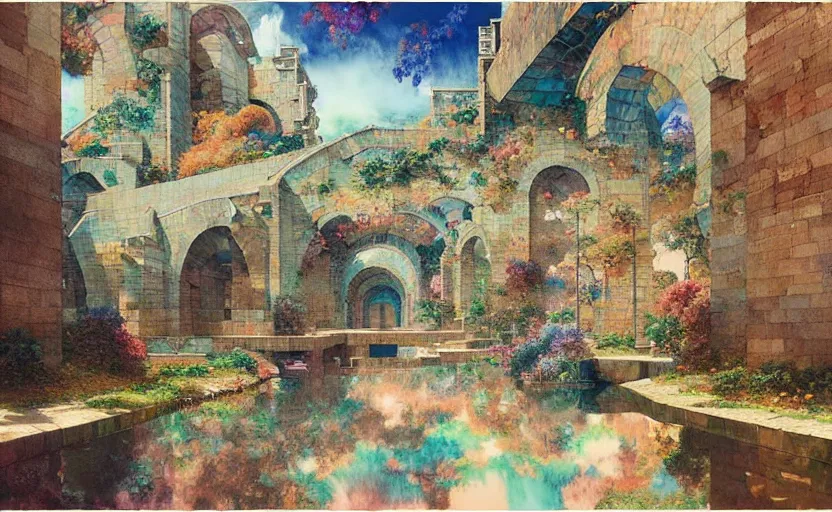 Image similar to tiled room squared waterway, aqueducts, fantasy. intricate, amazing composition, colorful watercolor, by ruan jia, by maxfield parrish, by marc simonetti, by hikari shimoda, by robert hubert, by zhang kechun, illustration, gloomy